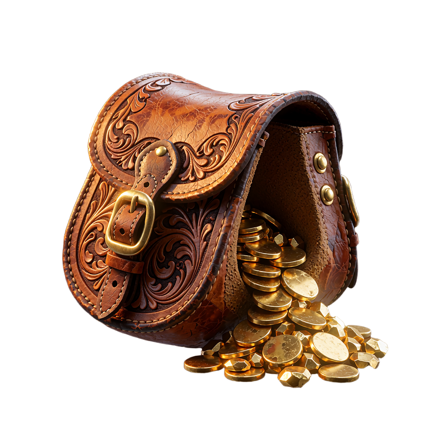 Sk&oacute;rzana sakwa western z wylewającymi się złotymi monetami symbolizująca Crypto Welcome Bonus do 20 000 USDT