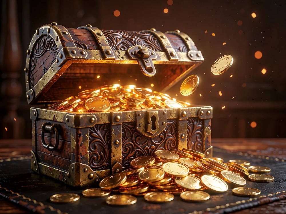 Otwarta skrzynia pełna złotych monet symbolizująca bonus powitalny w kasynie online WestAce