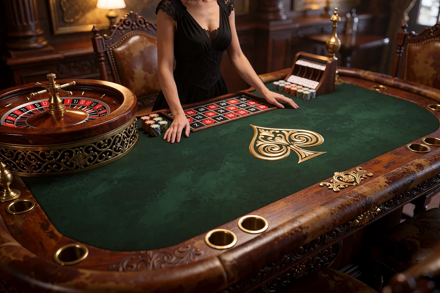 Krupierka przy zielonym stole do ruletki w live casino WestAce z żetonami i kołem ruletki